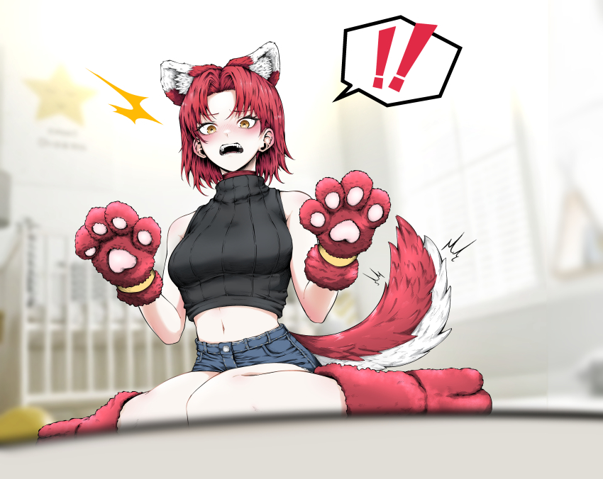 !, 1girl, 21gh, absurdres, animal_ears, animal_hands, bare_shoulders, black_sweater