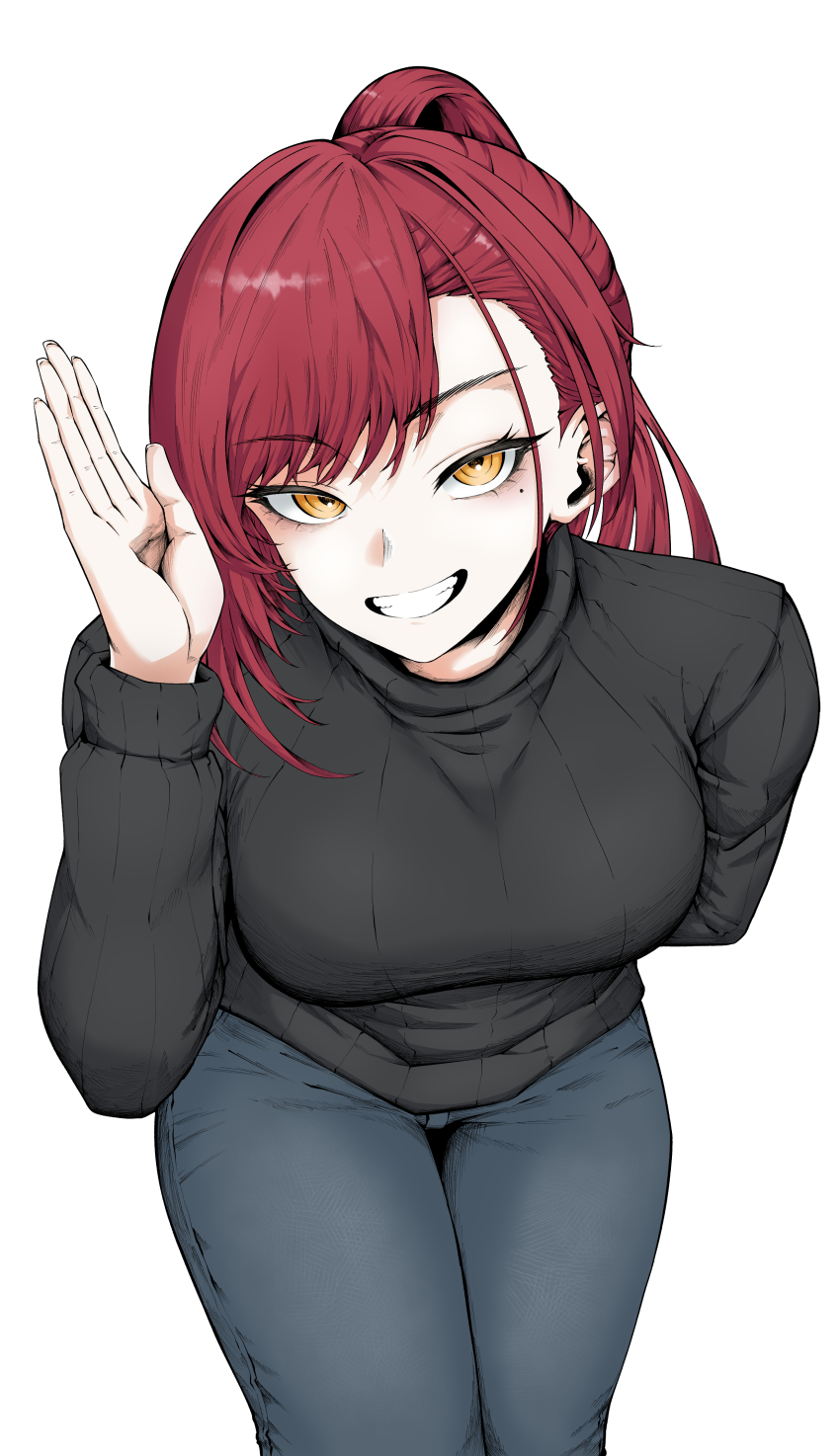 1girl, 21gh, absurdres, arm_behind_back, asymmetrical_bangs, black_sweater, blue_pants, breasts, castle_knight_charlotte, commentary, denim, grin, highres, jeans, leaning_forward, long_hair, long_sleeves, looking_at_viewer, medium_breasts, mole, mole_under_eye, pants, ponytail, red_hair, ribbed_sweater, simple_background, smile, solo, sweater, virtual_youtuber, waktaverse, white_background, yellow_eyes