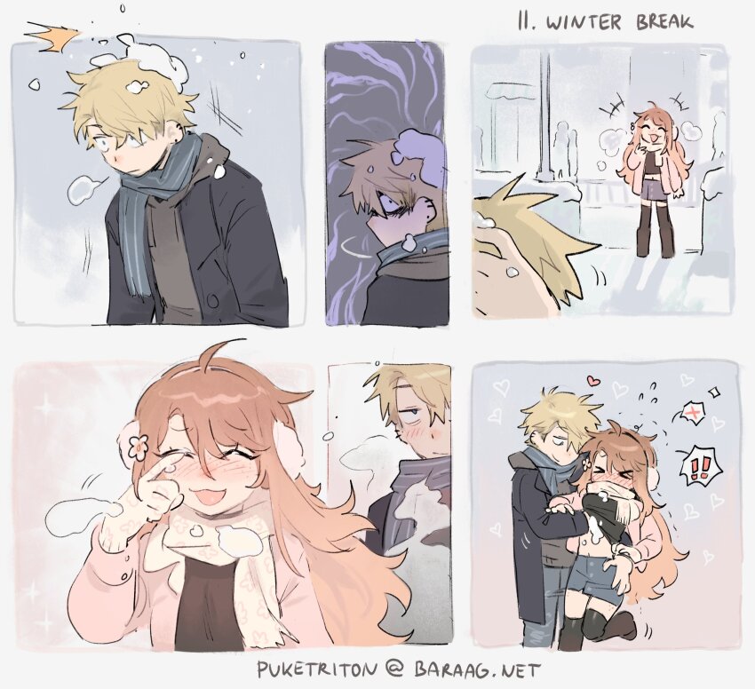 !, !!, >_<, 1boy, 1girl, black_thighhighs, blonde_hair, blush