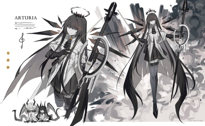 1boy, 1girl, arknights, ascot, black_ascot, black_gloves, black_hair, black_halo, black_skirt, black_thighhighs, bow_(music), cello, character_name, chibi, chibi_inset, executor_(arknights), executor_(gargoyle)_(arknights), frilled_ascot, frills, gloves, grey_shirt, halo, highres, holding, holding_bow_(music), horns, instrument, long_hair, multiple_views, pleated_skirt, potettoe, shirt, siblings, sidelocks, skirt, thighhighs, treble_clef, very_long_hair, virtuosa_(arknights), virtuosa_(gargoyle)_(arknights), wings