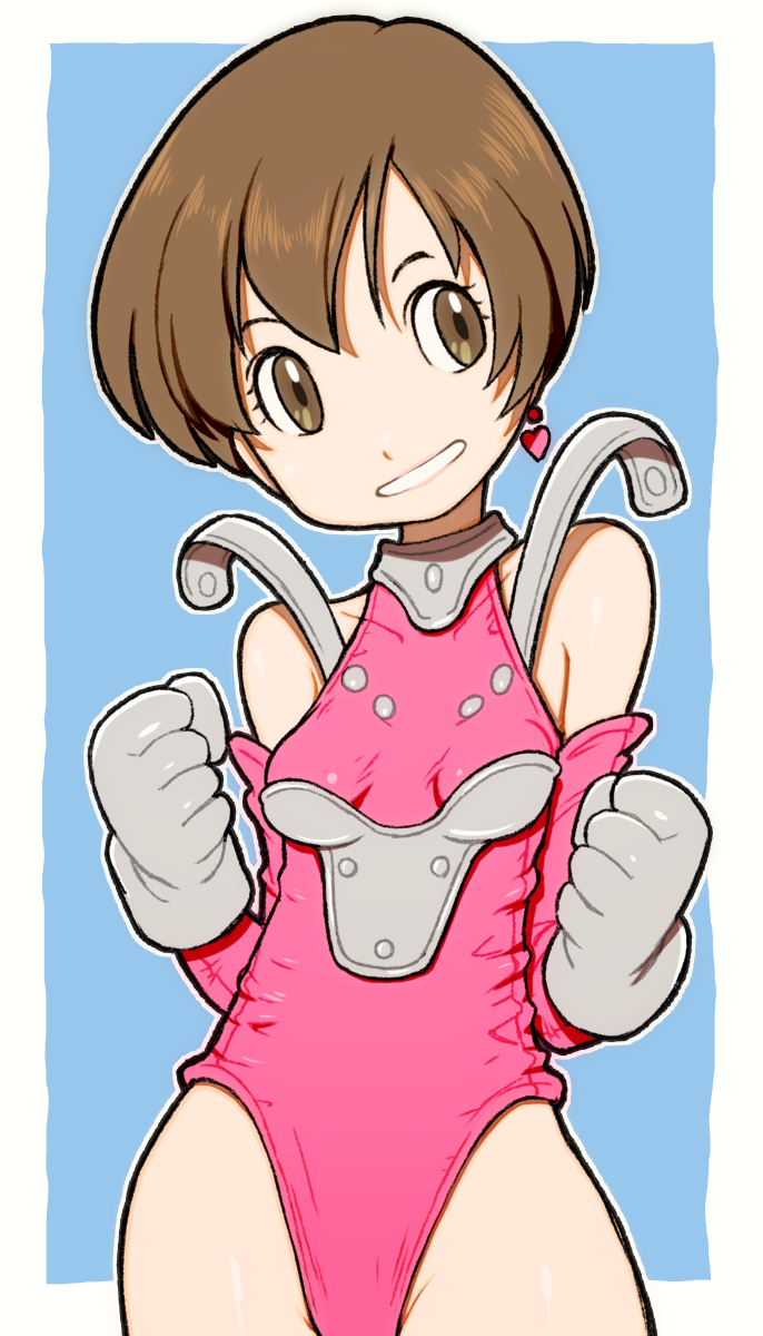 1girl, bare_shoulders, beeru_(veil8801), boobplate, breastplate, breasts, brown_eyes, brown_hair