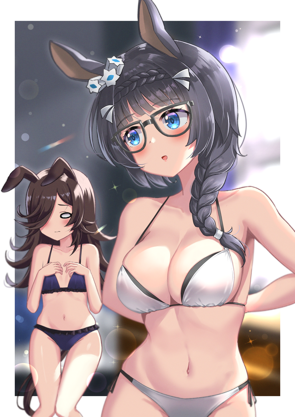 2girls, :o, animal_ears, aqua_bra, aqua_panties, arms_behind_back, bare_shoulders, black_hair, blue_bra, blue_eyes, blue_panties, blunt_bangs, blush, bow, bow_bra, bra, braid, breast_envy, breasts, brown_hair, cleavage, closed_mouth, collarbone, commentary_request, cowboy_shot, crown_braid, cstv, flat_chest, frilled_bra, frilled_panties, frills, glasses, groin, hair_between_eyes, hair_over_one_eye, hands_on_own_chest, highres, horse_ears, horse_girl, horse_tail, large_breasts, lens_flare, light_particles, long_hair, looking_at_another, midriff, multiple_girls, navel, o_o, open_mouth, panties, partial_commentary, rice_shower_(umamusume), side_braid, sidelocks, standing, swimsuit, tail, umamusume, underwear, underwear_only, white_bra, white_panties, zenno_rob_roy_(umamusume)