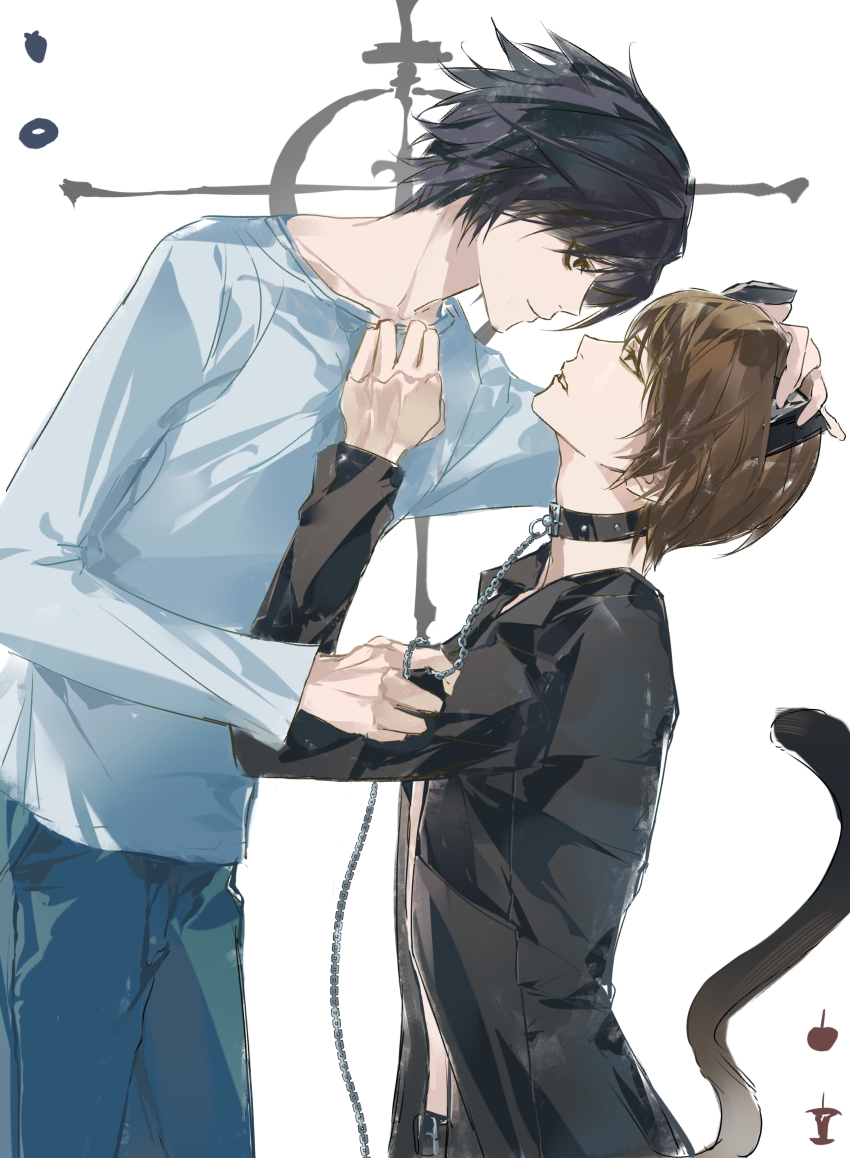2boys, absurdres, animal_ears, arm_up, black_collar, black_eyes, black_hair, black_shirt, blue_pants, brown_eyes, brown_hair, cat_boy, cat_ears, cat_tail, chains39550, chinese_commentary, closed_mouth, collar, commentary_request, death_note, denim, eye_contact, hand_on_another's_arm, hand_on_another's_head, highres, jeans, kemonomimi_mode, l_(death_note), leash, long_sleeves, looking_at_another, male_focus, multiple_boys, pants, parted_lips, shirt, short_hair, smile, standing, tail, white_shirt, yagami_light, yaoi