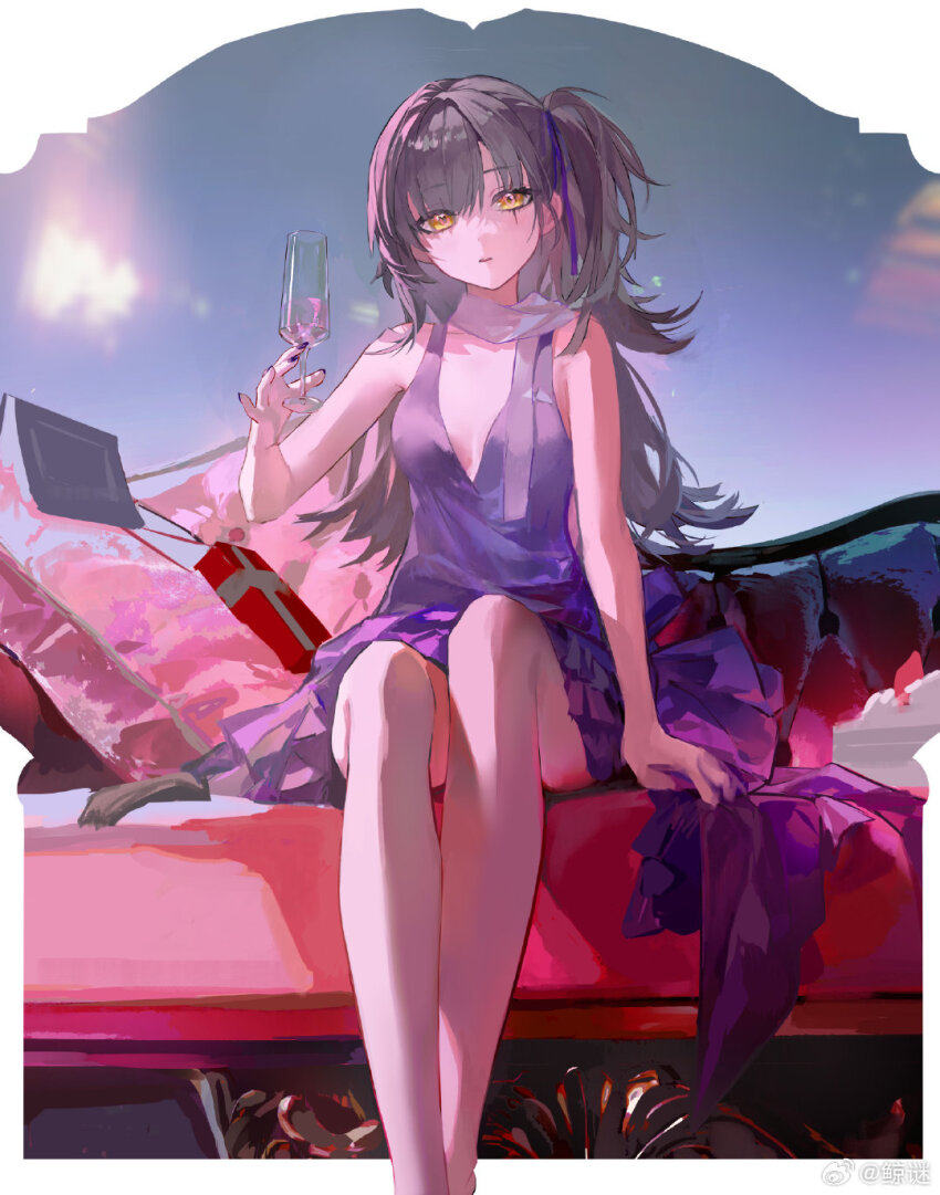 1girl, arm_support, brown_hair, champagne_flute, cup, dress, drinking_glass, gift