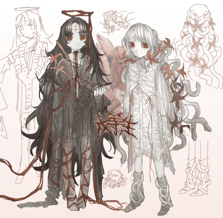 2girls, blood, blood_from_neck, brown_coat, brown_hair, closed_mouth, coat, expressionless