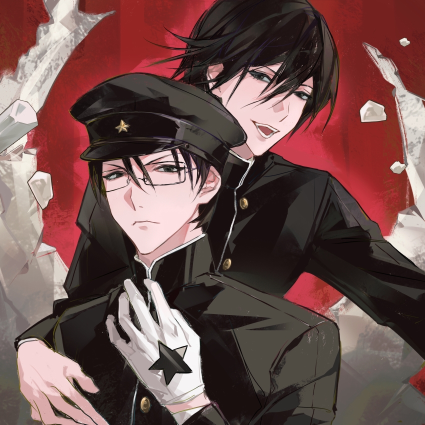 2boys, absurdres, arm_around_shoulder, black_hair, black_hat, black_jacket, brown_eyes, buttons