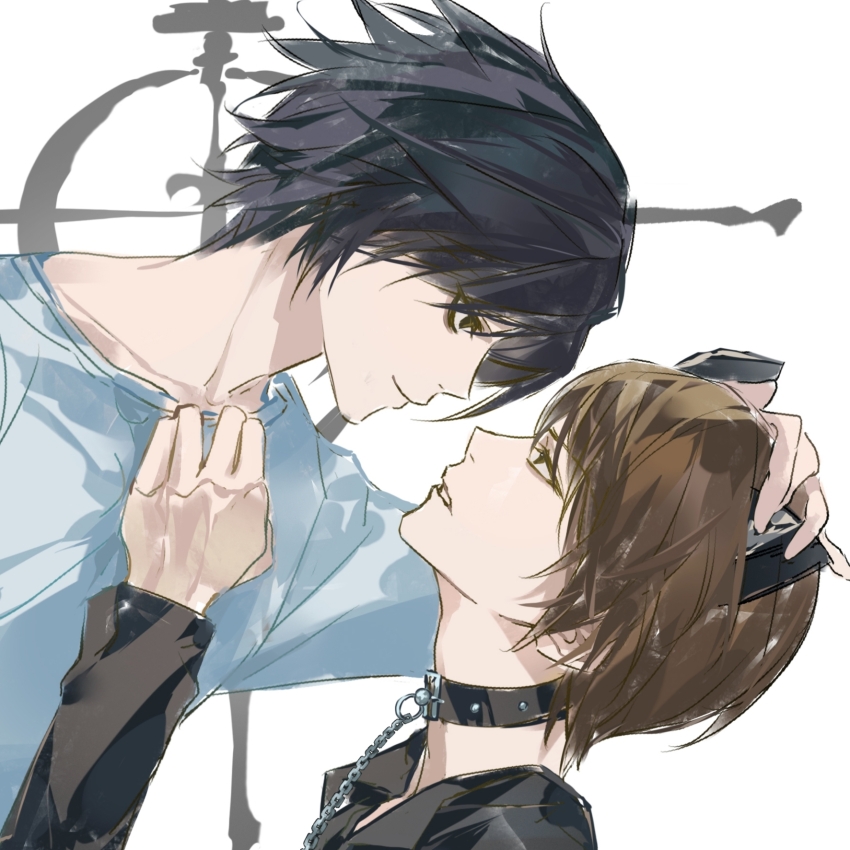2boys, animal_ears, black_collar, black_eyes, black_hair, black_shirt, brown_eyes, cat_ears, chains39550, chinese_commentary, collar, collared_shirt, commentary_request, death_note, eye_contact, hair_between_eyes, hand_on_another's_head, head_back, highres, kemonomimi_mode, l_(death_note), lapels, long_sleeves, looking_at_another, male_focus, multiple_boys, open_collar, parted_lips, shirt, short_hair, white_shirt, yagami_light, yaoi