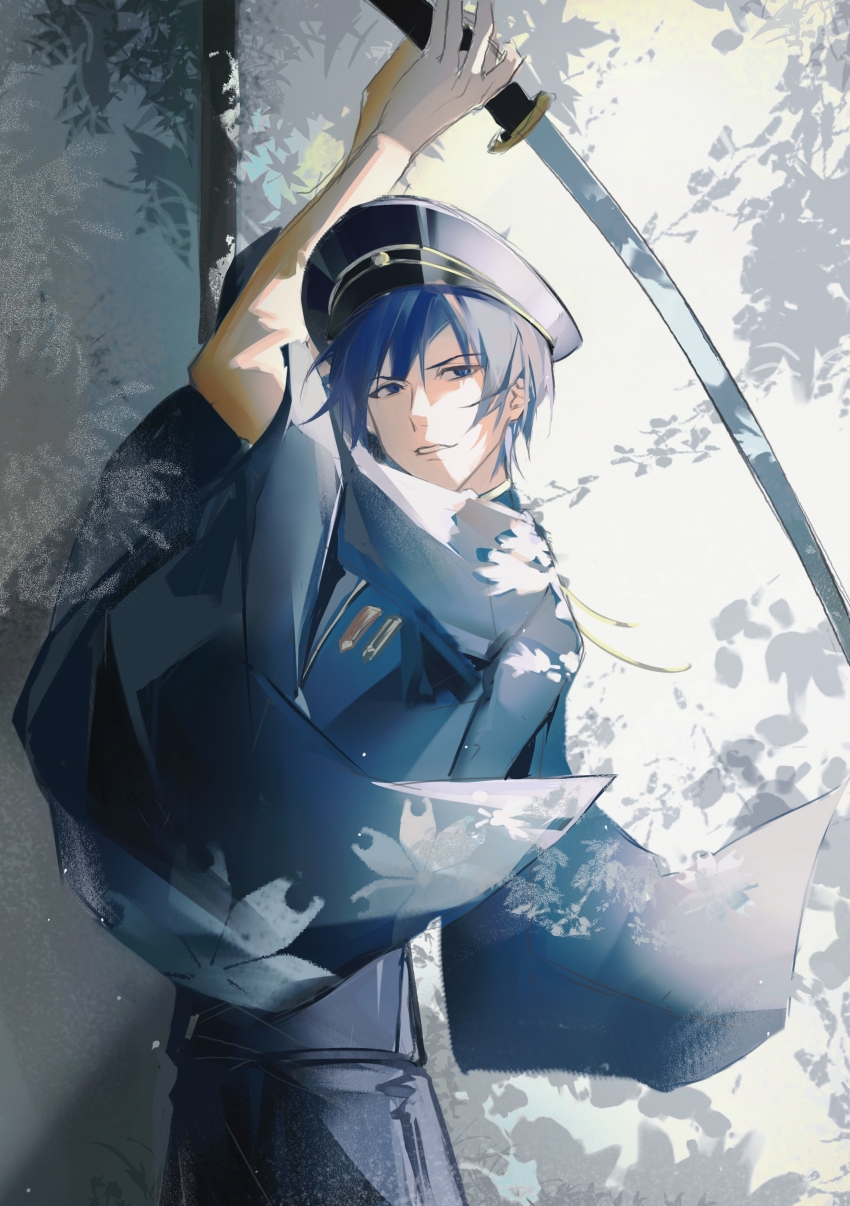 1boy, absurdres, arms_up, black_hat, blue_eyes, blue_hair, chains39550, chinese_commentary