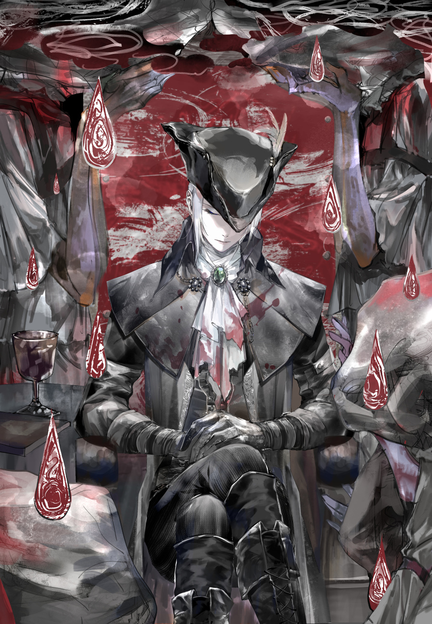 1girl, absurdres, ascot, blonde_hair, blood, bloodborne, boots, cape, coat, enmokuritsu-d, gem, gloves, hat, hat_feather, highres, lady_maria_of_the_astral_clocktower, long_hair, messengers_(bloodborne), ponytail, sleeping, solo, tricorne, white_hair