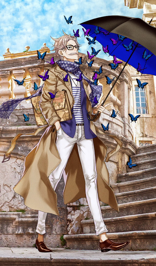 1boy, animal, architecture, bag, belt, black-framed_eyewear, black_eyes, black_umbrella