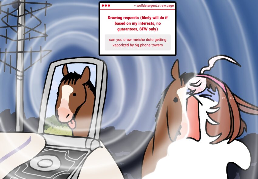 >_<, 1girl, ahoge, brown_hair, cellphone, cellular_tower, commentary, english_commentary, english_text, flip_phone, hairband, horse, horse_girl, meisho_doto_(racehorse), meisho_doto_(umamusume), meme, open_mouth, phone, pink_hairband, real_life, solo, transformation, umamusume, upper_body, wolfdetergent