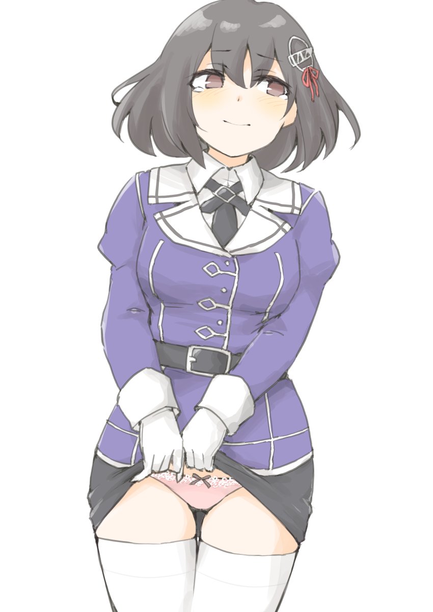 1girl, akara_kai, belt, black_hair, black_skirt, blush, breasts, brown_eyes