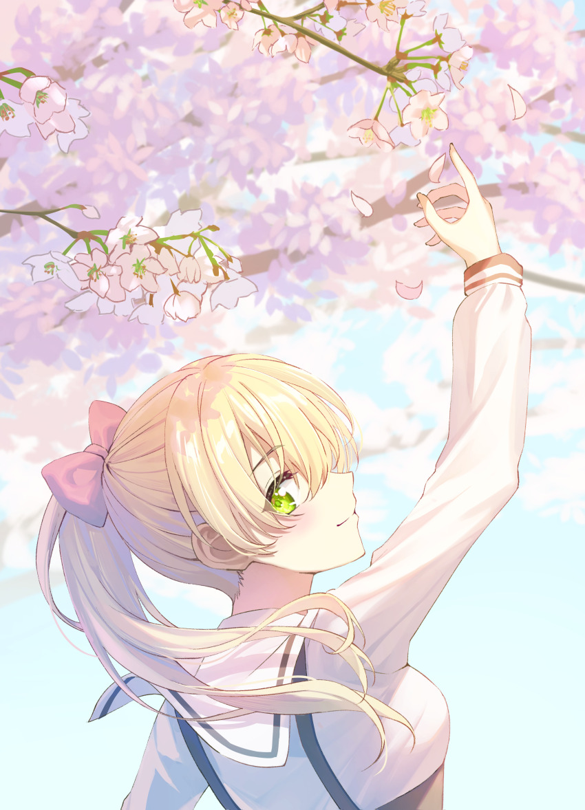 1girl, absurdres, arm_up, blonde_hair, bow, cherry_blossoms, closed_mouth, commentary_request