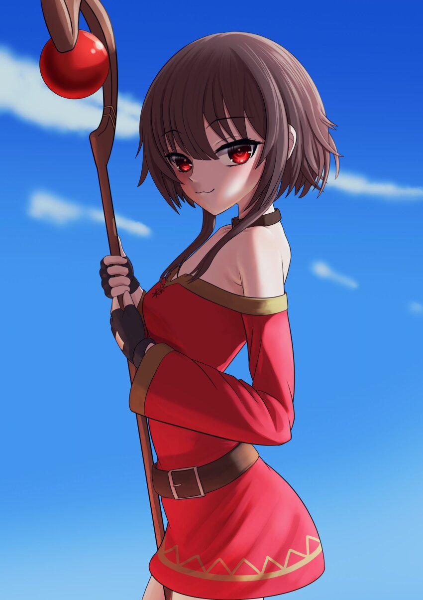 1girl, :3, bare_shoulders, belt, belt_buckle, black_choker, black_gloves, blue_sky