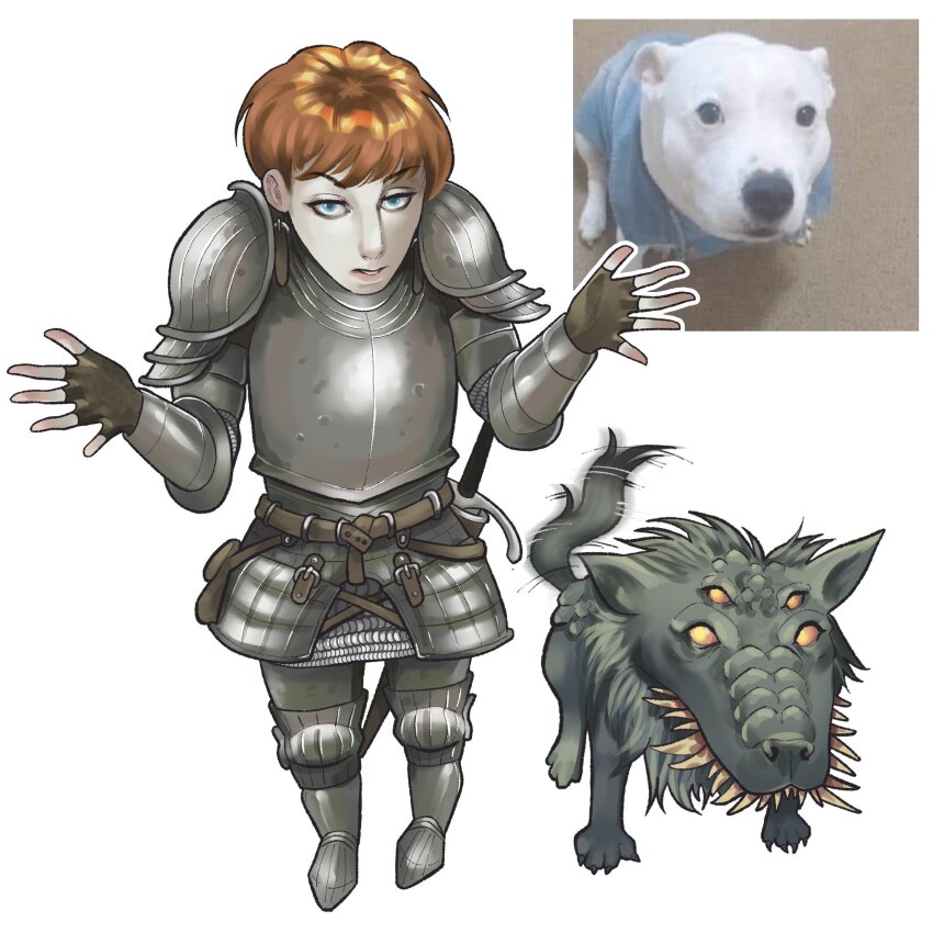 1girl, armor, belt, blue_eyes, brokenramen, brown_belt, brown_gloves, cuirass, d'arce_(fear_&amp;_hunger), dog, extra_eyes, extra_teeth, faulds, fear_&amp;_hunger_(series), fear_&amp;_hunger_1, fingerless_gloves, full_body, gloves, greaves, green_fur, hashtag-only_commentary, highres, knight, looking_at_viewer, moonless_(fear_&amp;_hunger), motion_lines, orange_hair, parted_hair, pauldrons, photo-referenced, photo_inset, poleyn, rerebrace, sabaton, short_hair, shoulder_armor, shrugging, simple_background, solo, tail, tail_wagging, vambraces, white_background, wolf, yellow_eyes