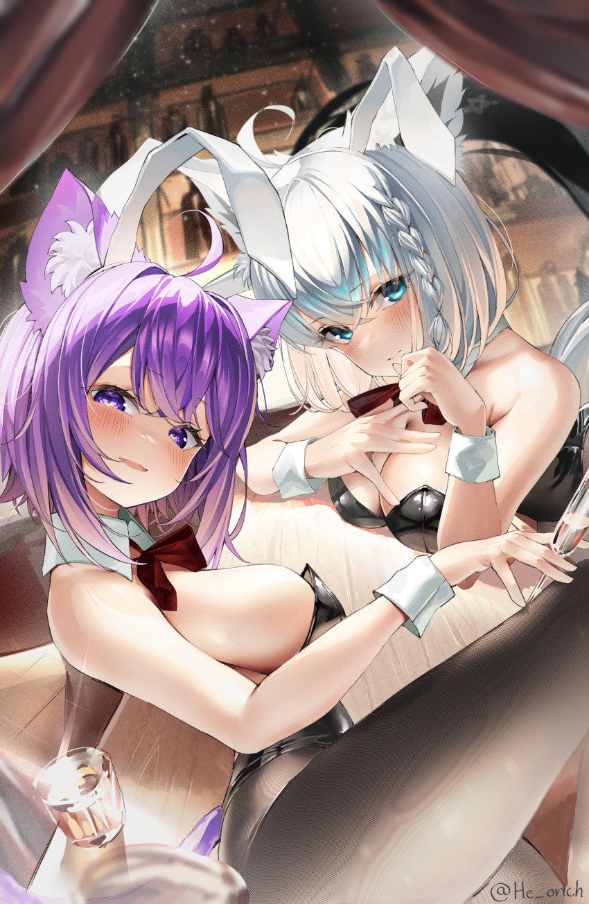 2girls, animal_ear_fluff, animal_ears, aqua_eyes, black_leotard, black_pantyhose, blush, breasts