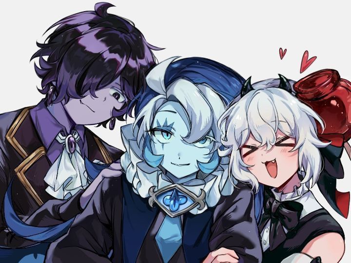 1girl, 2boys, asymmetrical_eyelashes, black_sapphire_cookie, blue_eyes, blue_hat, blue_skin, brooch, candy_apple, candy_apple_cookie, chatof14, colored_skin, commentary_request, cookie_run, cookie_run:_kingdom, eye_brooch, eye_print, food, hat, humanization, jester, jester_cap, jester_costume, jewelry, long_hair, long_sleeves, looking_at_viewer, multiple_boys, neck_ruff, non-web_source, puffy_long_sleeves, puffy_sleeves, shadow_milk_cookie, simple_background, smile, source_request, white_hair