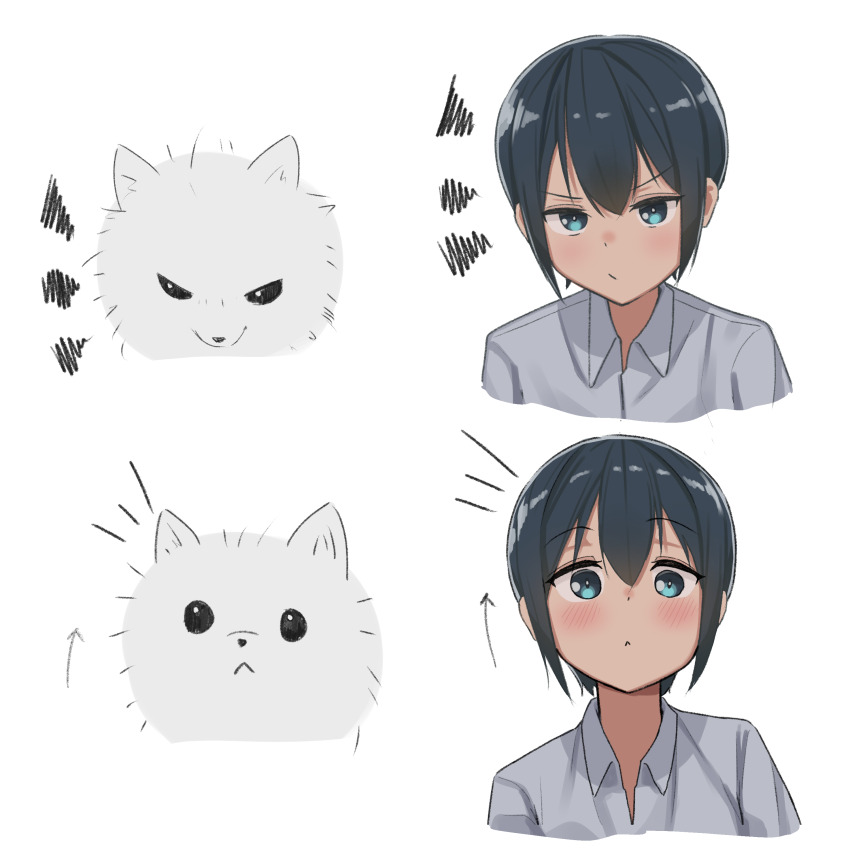 1girl, :<, :/, absurdres, akts625, androgynous, angry, annoyed, aqua_eyes, arrow_(symbol), black_dress, black_hair, blush, closed_mouth, collared_shirt, commentary, cropped_arms, cropped_torso, dog, dot_mouth, dress, english_commentary, fluffy_white_puppy_expressions_(meme), hair_between_eyes, highres, kino_(kino_no_tabi), kino_no_tabi, looking_at_viewer, meme, notice_lines, pout, raised_eyebrows, scribble, shirt, short_hair, solo_focus, tomboy, v-shaped_eyebrows, very_short_hair, white_background, white_dog, white_shirt