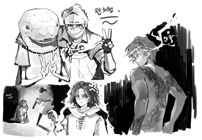 angry, burn_scar, double_v, elden_ring, highres, lord_of_the_frenzied_flame_(elden_ring), melina_(elden_ring), monochrome