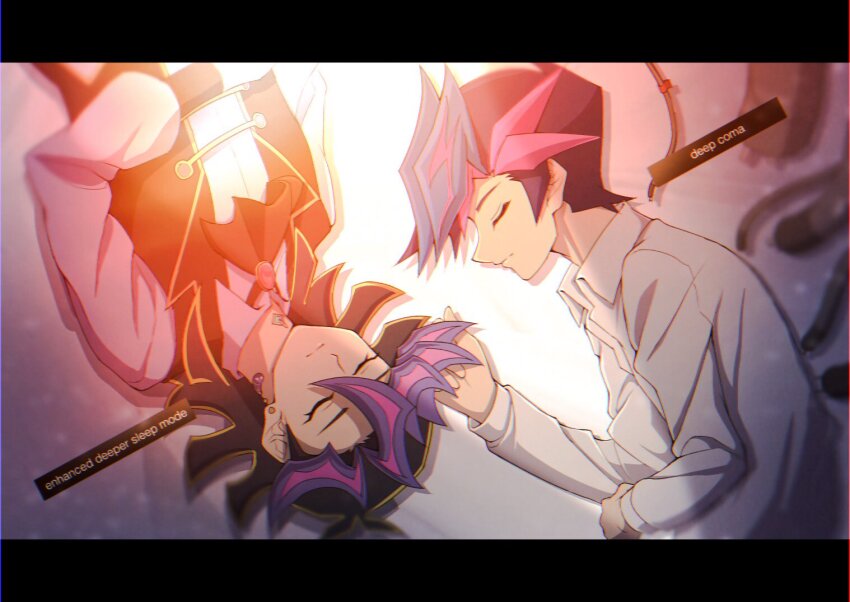 2boys, ai_(yu-gi-oh!), alternate_form, ascot, atltax_00, black_ascot, black_border, black_hair