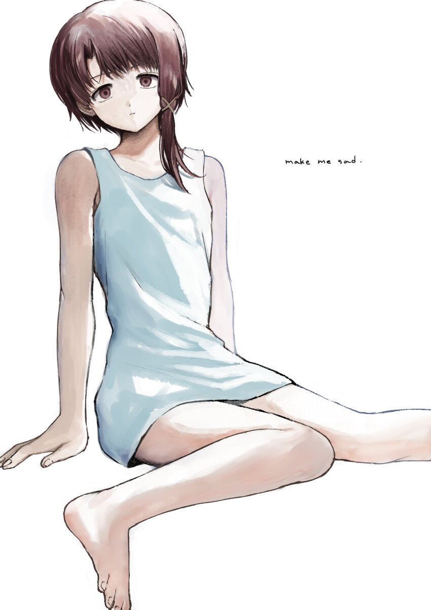 1girl, arm_support, bare_shoulders, barefoot, breasts, brown_eyes, brown_hair, collarbone, commentary, dress, english_text, expressionless, foot_out_of_frame, hair_ornament, hair_over_shoulder, hashtag-only_commentary, hato_popo_37, highres, iwakura_lain, looking_at_viewer, parted_lips, serial_experiments_lain, short_dress, short_hair, short_hair_with_long_locks, simple_background, single_sidelock, small_breasts, solo, sundress, toes, white_background, white_dress, x_hair_ornament