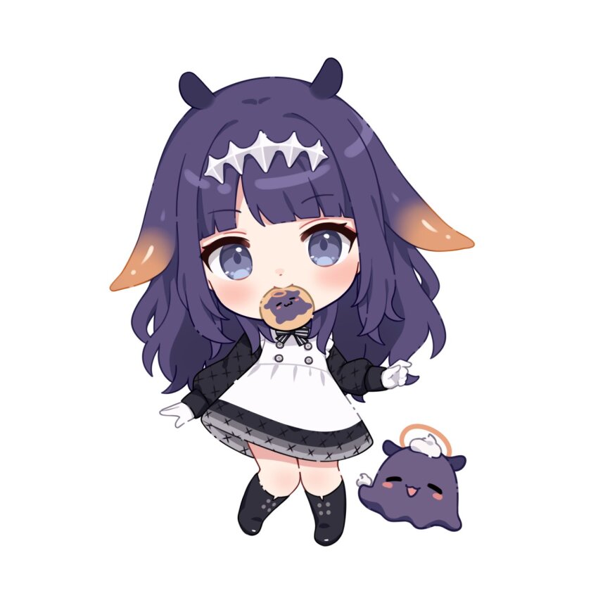 1girl, black_boots, black_shirt, blue_eyes, boots, bow, chibi, closed_mouth