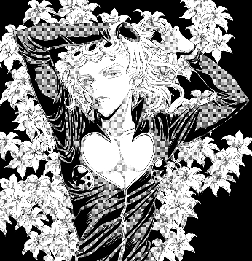 1boy, arms_up, clothing_cutout, commentary_request, flower, frown, giorno_giovanna, greyscale