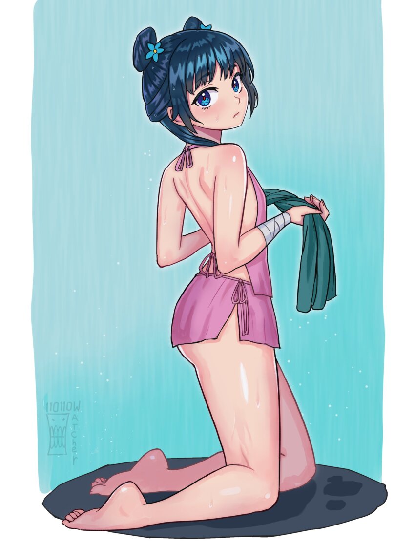 1girl, absurdres, aqua_background, artist_logo, artist_name, ass, backless_outfit, bare_legs