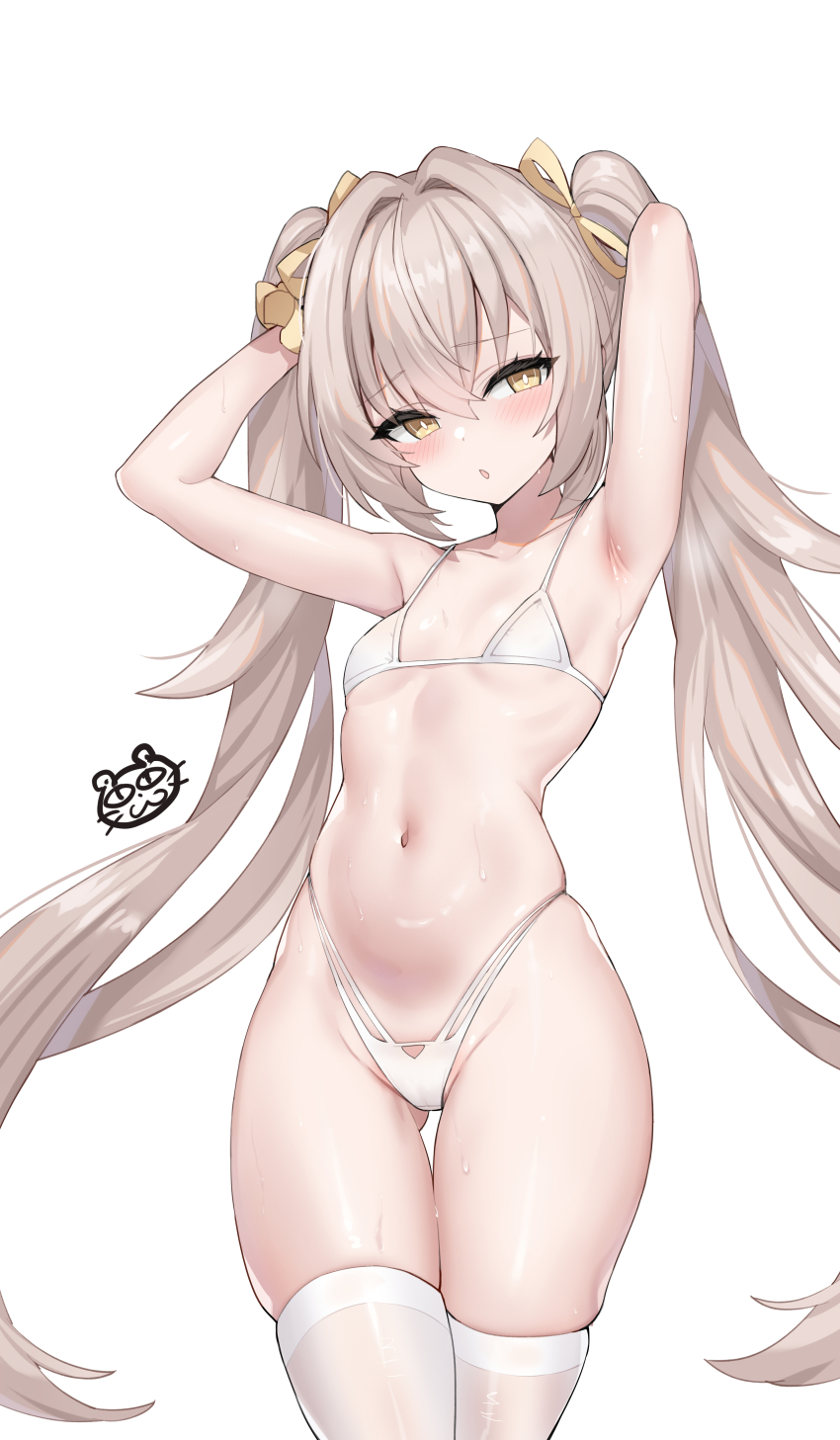 1girl, absurdres, armpits, arms_behind_head, arms_up, bare_shoulders, bikini, blush, brown_hair, counter:side, cowboy_shot, embarrassed, eve_meitner, flat_chest, gluteal_fold, hair_ribbon, highleg, highleg_bikini, highres, long_hair, looking_at_viewer, multi-strapped_bikini_bottom, navel, parted_lips, ribbon, serin199, simple_background, skindentation, solo, standing, stomach, string_bikini, swimsuit, thigh_gap, thighhighs, thighs, twintails, very_long_hair, wet, white_background, white_bikini, white_thighhighs, yellow_eyes