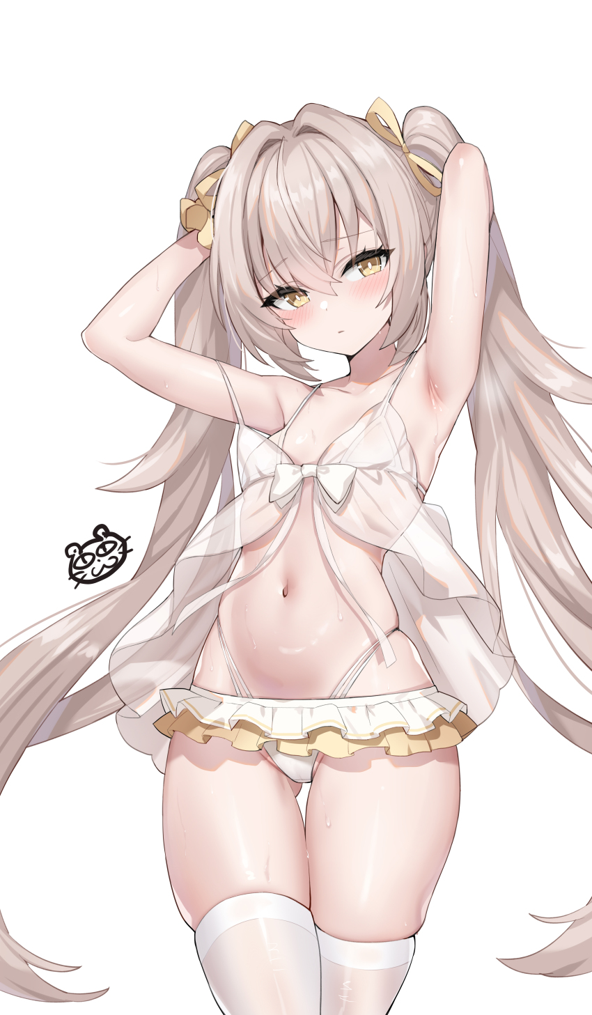 1girl, absurdres, armpits, arms_behind_head, arms_up, bare_shoulders, bikini, bikini_skirt, blush, brown_hair, closed_mouth, counter:side, cowboy_shot, eve_meitner, flat_chest, frown, gluteal_fold, hair_ribbon, highleg, highleg_bikini, highres, long_hair, looking_at_viewer, navel, ribbon, see-through_clothes, serin199, simple_background, skindentation, solo, spaghetti_strap, standing, stomach, strap_slip, string_bikini, swimsuit, thigh_gap, thighhighs, thighs, twintails, very_long_hair, wet, white_background, white_bikini, white_thighhighs, yellow_eyes