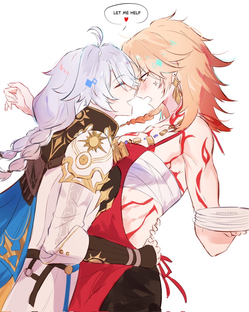 2girls, :d, ^_^, antenna_hair, apron, bandages, blonde_hair, braid, chest_sarashi, closed_eyes, coat, earrings, genderswap, genderswap_(mtf), grey_hair, heart, highres, honkai:_star_rail, honkai_(series), jewelry, kinoerou, midriff, multiple_girls, mydei_(honkai:_star_rail), open_mouth, phainon_(honkai:_star_rail), red_apron, sarashi, simple_background, smile, speech_bubble, tattoo, twin_braids, white_background, white_coat, yuri