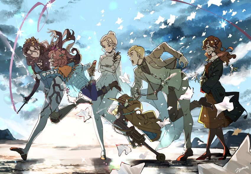 1boy, 4girls, arthur_fog, athletic_leotard, blue_leotard, brimley_(reverse:1999), caroline_bartley, coat