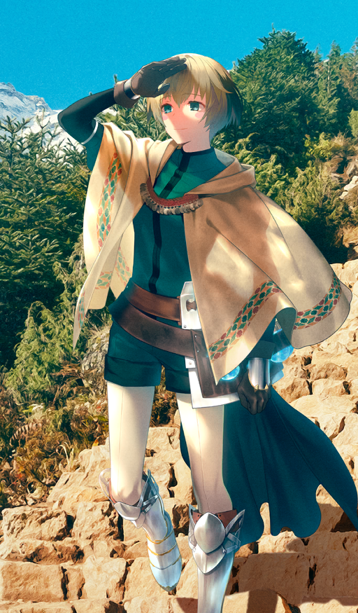 1girl, arm_at_side, armored_boots, armored_gloves, belt, black_hair, blonde_hair, blue_sky