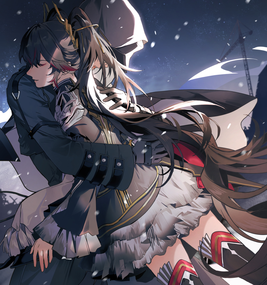 1boy, 1girl, absurdres, alternate_costume, black_hair, cino_(cappuccino), commandant_(pgr), crane_(machine)