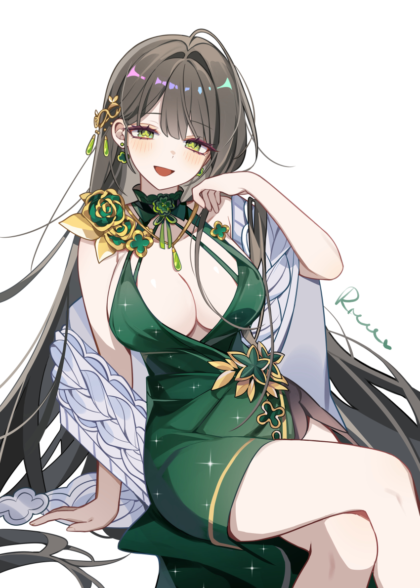 1girl, absurdres, ahoge, bare_shoulders, black_survival, breasts, cleavage, cocktail_dress