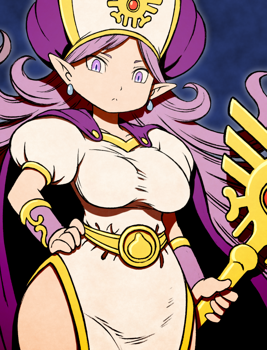 1girl, beeru_(veil8801), breasts, cape, closed_mouth, commentary, dragon_quest, dragon_quest_monsters, dress, earrings, frown, hat, highres, holding, holding_staff, jewelry, large_breasts, long_hair, magarugi, parted_bangs, pelvic_curtain, pointy_ears, puffy_short_sleeves, puffy_sleeves, purple_cape, purple_eyes, purple_hair, purple_hat, short_sleeves, side_slit, solo, split_mouth, staff, taut_clothes, taut_dress, two-tone_hat, white_dress, white_hat
