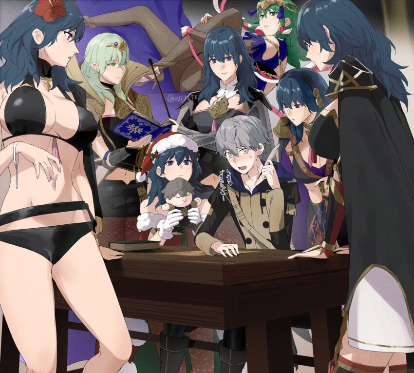 1boy, 6+girls, ashe_ubert, bikini, black_bikini, blue_eyes, blue_hair, breasts, character_doll, cleavage, clone_harem, cosplay, doll, female_byleth_(awakened)_(fire_emblem), female_byleth_(fire_emblem), female_byleth_(frosty_professor)_(fire_emblem), female_byleth_(jehanna)_(fire_emblem), female_byleth_(resplendent)_(fire_emblem), female_byleth_(sothis_regalia)_(fire_emblem), female_byleth_(summer)_(fire_emblem), female_byleth_(enlightened_one)_(fire_emblem), fire_emblem, fire_emblem:_three_houses, fire_emblem_heroes, flower, freckles, garreg_mach_monastery_uniform, green_eyes, green_hair, grey_hair, hair_between_eyes, hair_flower, hair_ornament, harem, hibiscus, large_breasts, long_hair, long_sleeves, medium_hair, multiple_girls, multiple_persona, navel, nintendo, official_alternate_costume, official_alternate_eye_color, official_alternate_hair_color, open_mouth, red_flower, short_hair, smile, sothis_(fire_emblem), sothis_(fire_emblem)_(cosplay), swimsuit, ushiomi