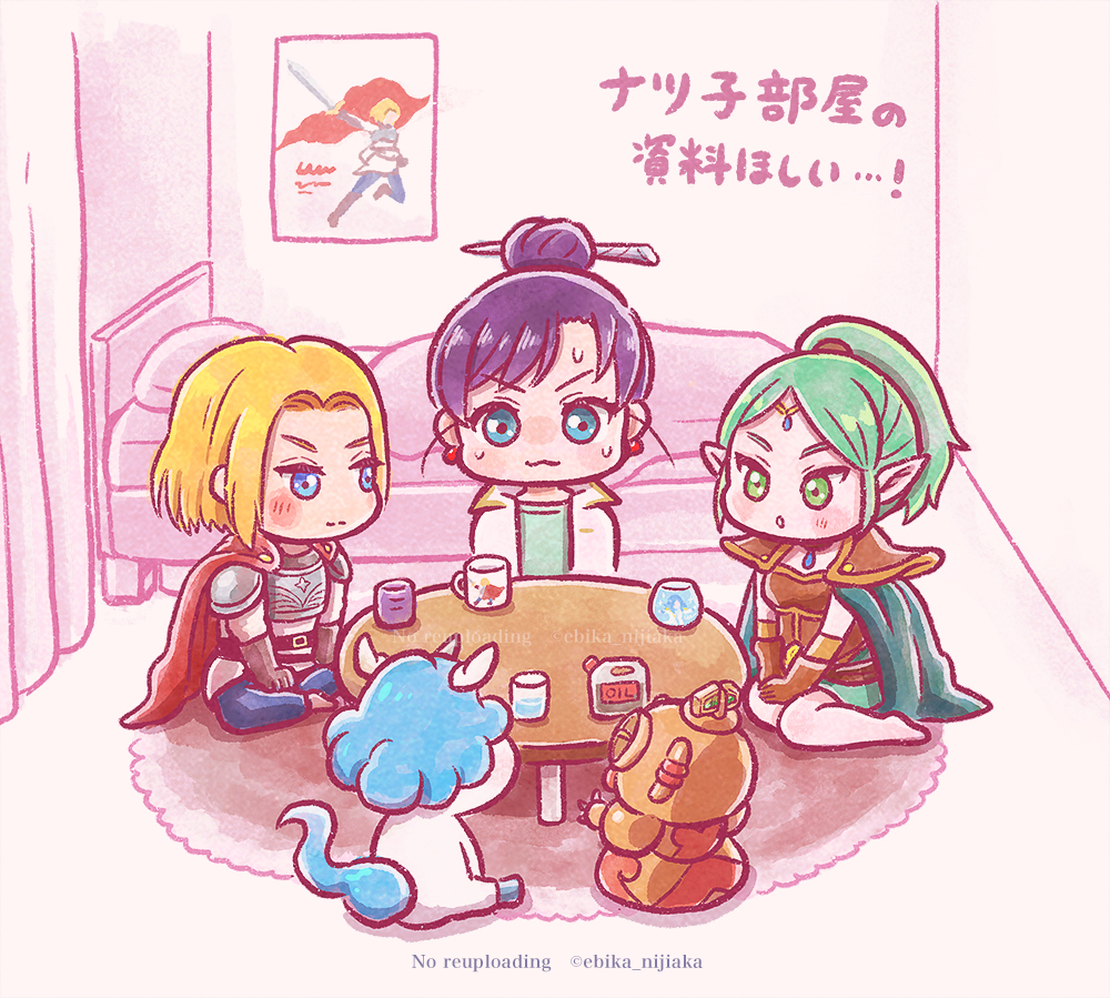 1boy, 2girls, artist_name, bed, bedroom, black_hair, blanket, blonde_hair