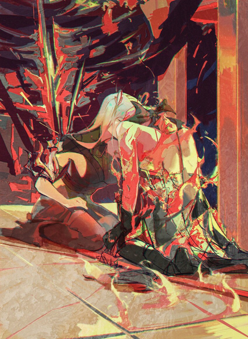 2girls, absurdres, alternate_costume, black_bow, black_dress, bow, breasts, changli_(wuthering_waves), chromatic_aberration, commentary, dress, emu2046, english_commentary, fire, from_behind, hair_bow, highres, jinhsi_(wuthering_waves), large_breasts, multiple_girls, no_jacket, seiza, sideboob, sitting, sketch, white_dress, white_hair, wuthering_waves, yuri