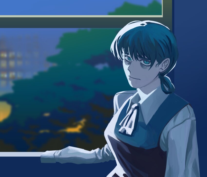 1girl, absurdres, amputee, bags_under_eyes, black_dress, black_hair, blurry, blurry_background, chainsaw_man, closed_mouth, collared_shirt, dress, empty_sleeve, fizzysenpai, fourth_east_high_school_uniform, green_eyes, highres, looking_at_viewer, meme_request, mitaka_asa, pinafore_dress, school_uniform, shirt, sleeveless, sleeveless_dress, solo, window