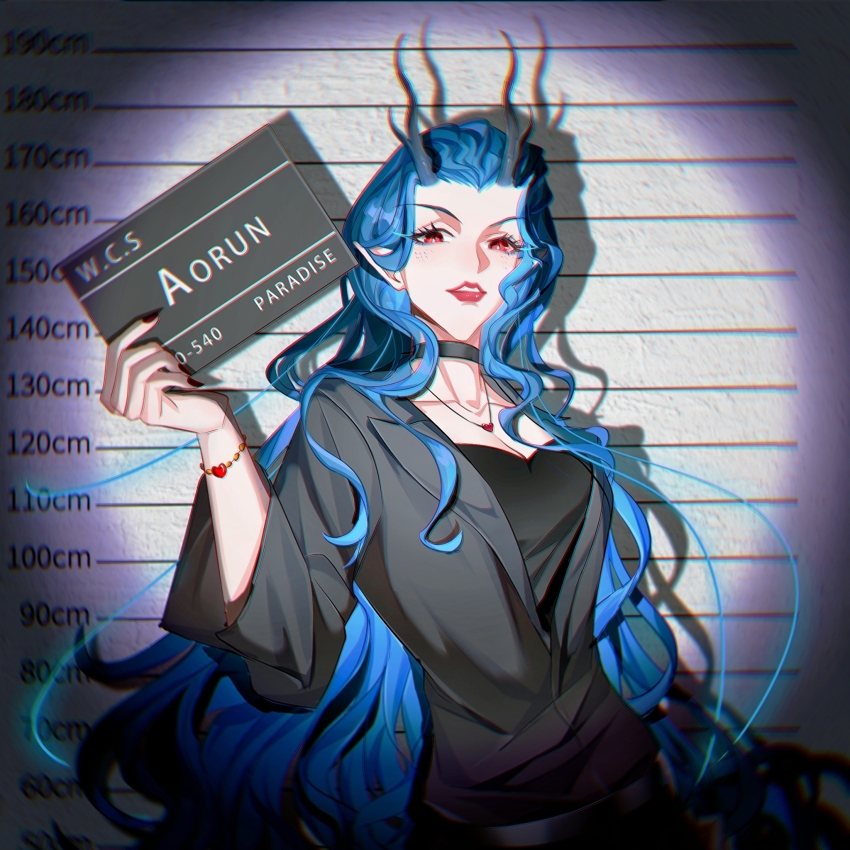 1girl, ao_run_(nezha_zhi_motong_jiangshi), black_robe, blue_hair, bracelet, dragon_girl, dragon_horns, heart