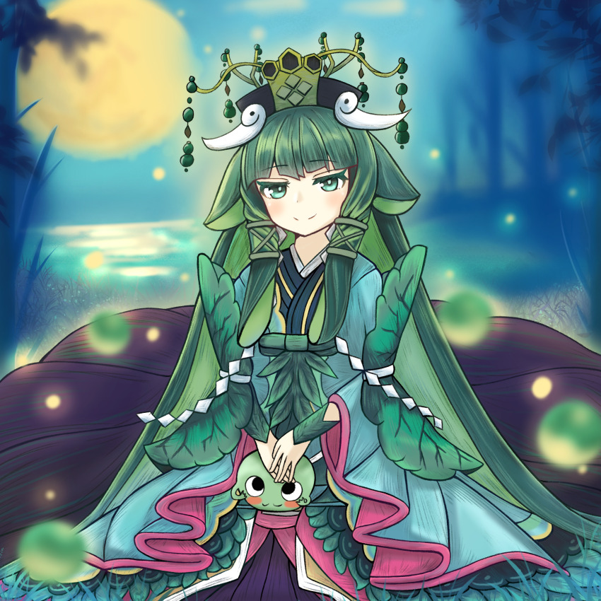 1girl, duel_monster, forest, full_moon, green_eyes, green_hair, green_kimono, hair_flaps