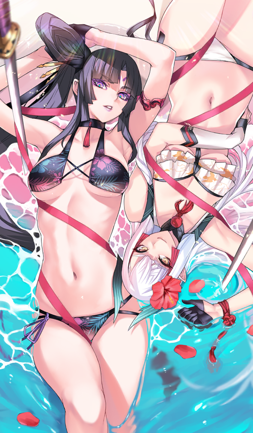 2girls, armlet, armpits, asymmetrical_gloves, azamaru_(fate), ban!_(bansankan), beach, bikini