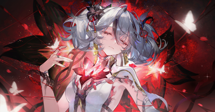 1girl, absurdres, black_flower, blake_bloom_(wuthering_waves), breasts, bug, butterfly, camellya_(wuthering_waves)