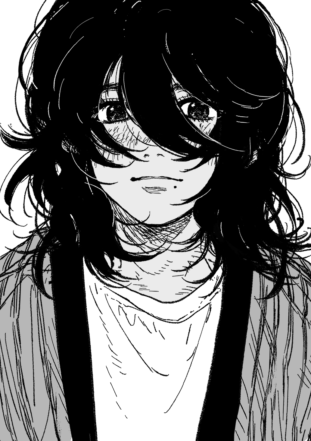 1girl, androgynous, commentary, english_commentary, greyscale, hair_between_eyes, highres, kyomoto_(look_back)