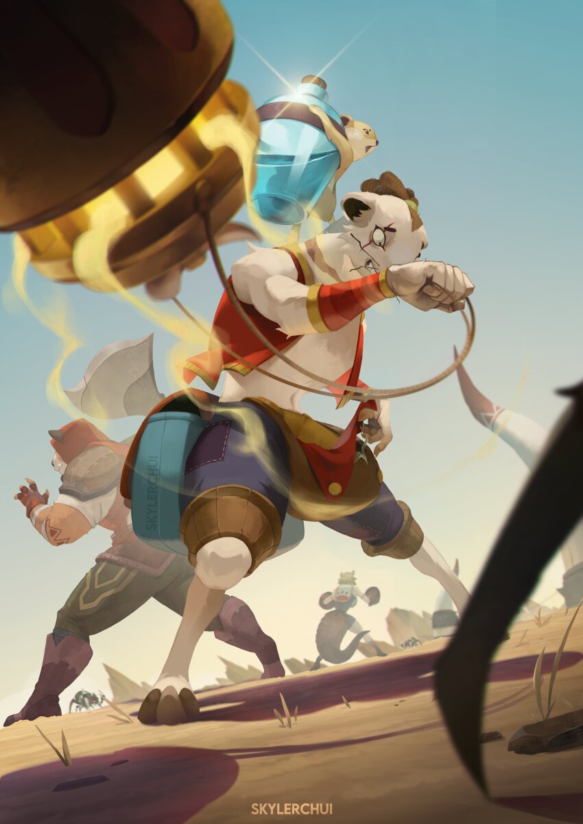 1girl, 3boys, absurdres, afk_(series), afk_journey, alsa_(afk), animal_ears, armadillo_tail