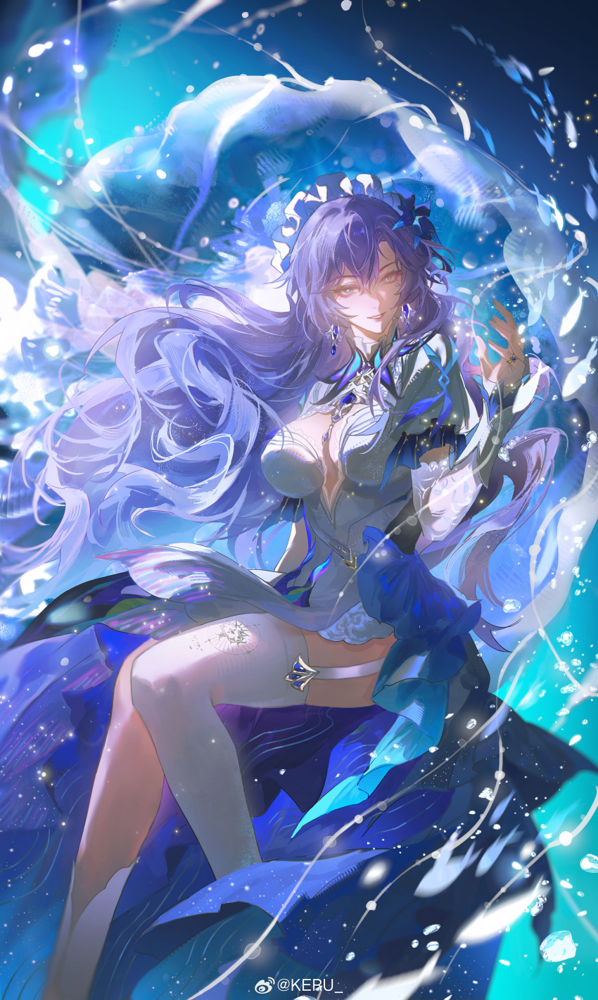 1girl, absurdres, blue_eyes, blue_flower, breasts, cantarella_(wuthering_waves), chinese_commentary, commentary_request