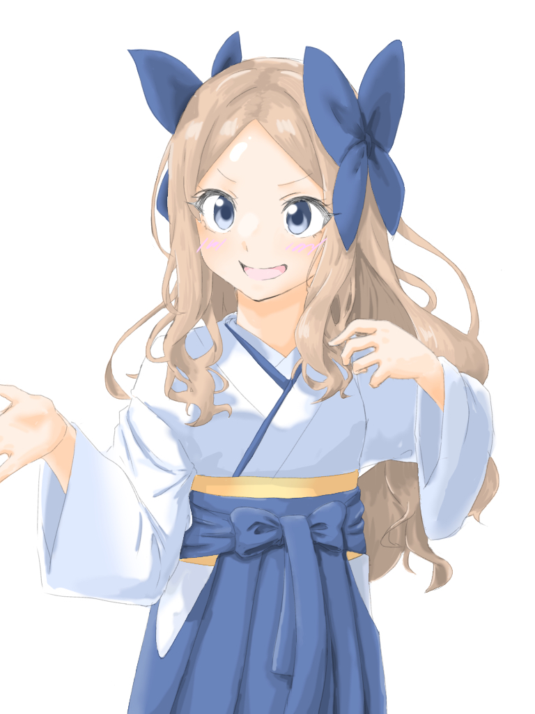 1girl, asakaze_(kancolle), blue_bow, blue_eyes, blue_hakama, blue_kimono, bow, brown_hair, cowboy_shot, forehead, hakama, japanese_clothes, kantai_collection, kimono, kopikku, long_hair, meiji_schoolgirl_uniform, parted_bangs, simple_background, solo, wavy_hair, white_background