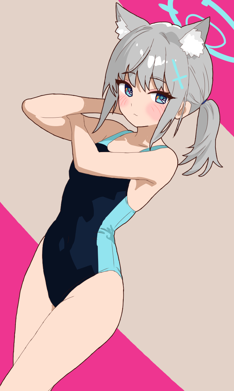 1girl, animal_ear_fluff, animal_ears, black_one-piece_swimsuit, blue_archive, blue_eyes, breasts, commentary_request