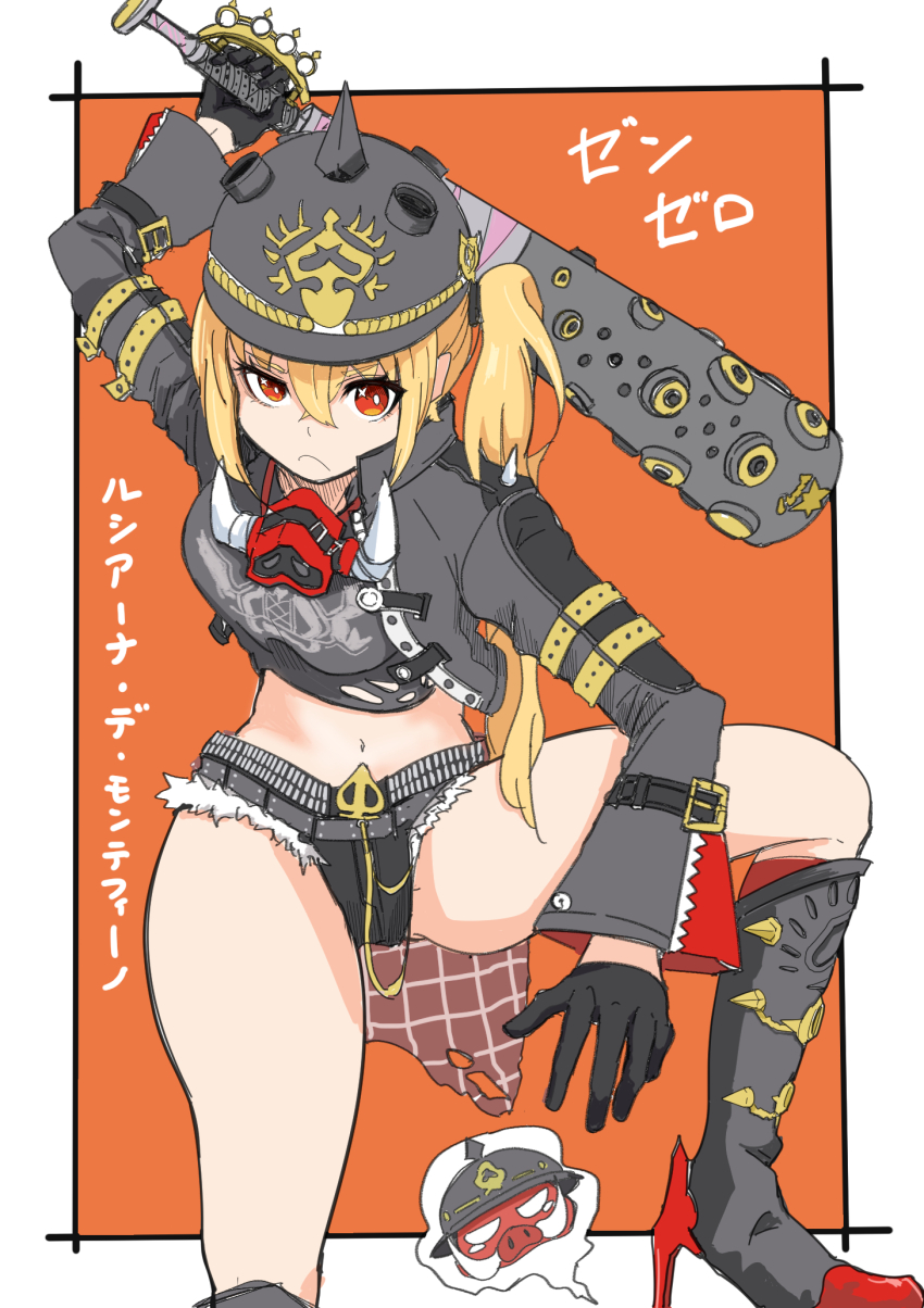 1girl, baseball_bat, black_boots, black_gloves, black_hat, black_jacket, black_shirt, black_shorts, boots, breasts, cropped_jacket, gloves, hat, highres, holding, holding_baseball_bat, jacket, long_hair, looking_at_viewer, luciana_de_montefio, miya_zirou, navel, one_side_up, red_eyes, shirt, shorts, small_breasts, solo, zenless_zone_zero